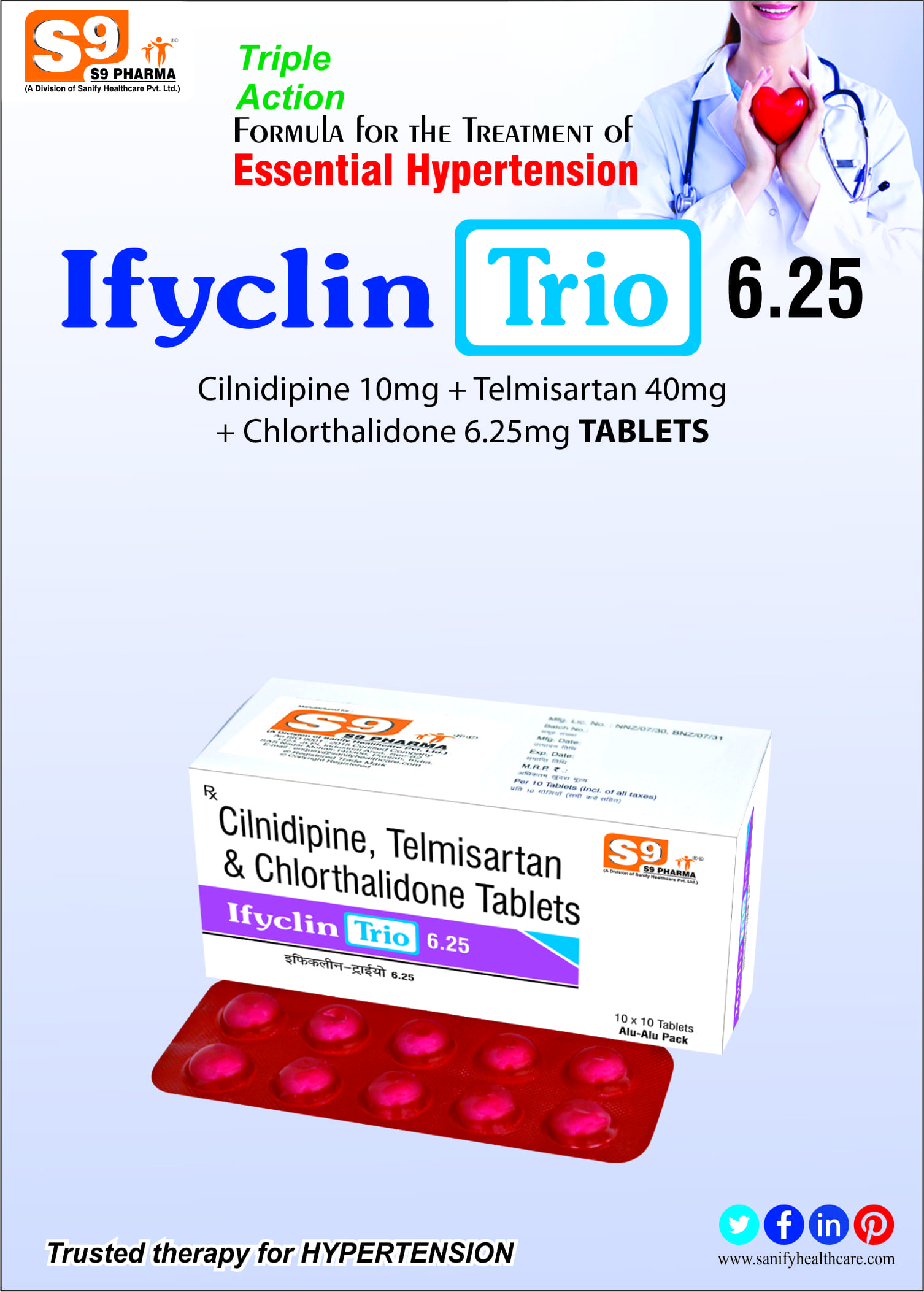 Telmisartan 40mg + Cilnidipine 10mg + Chlorthalidone 6.25mg