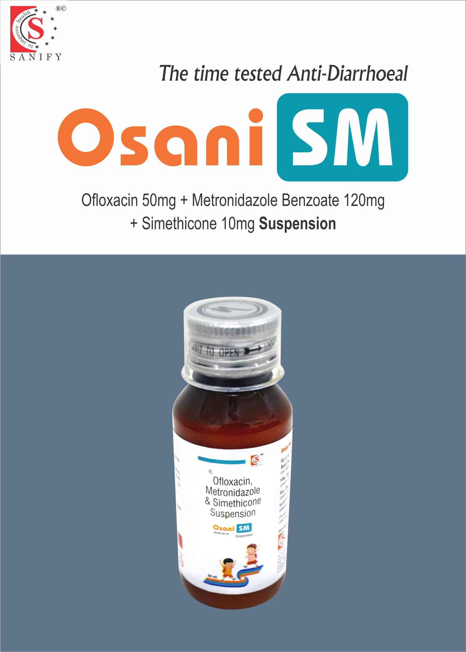 Ofloxacin 50 mg + Metronidazole Benzoate Eq. to Metronidazole 120 mg +Simethicone 10 mg