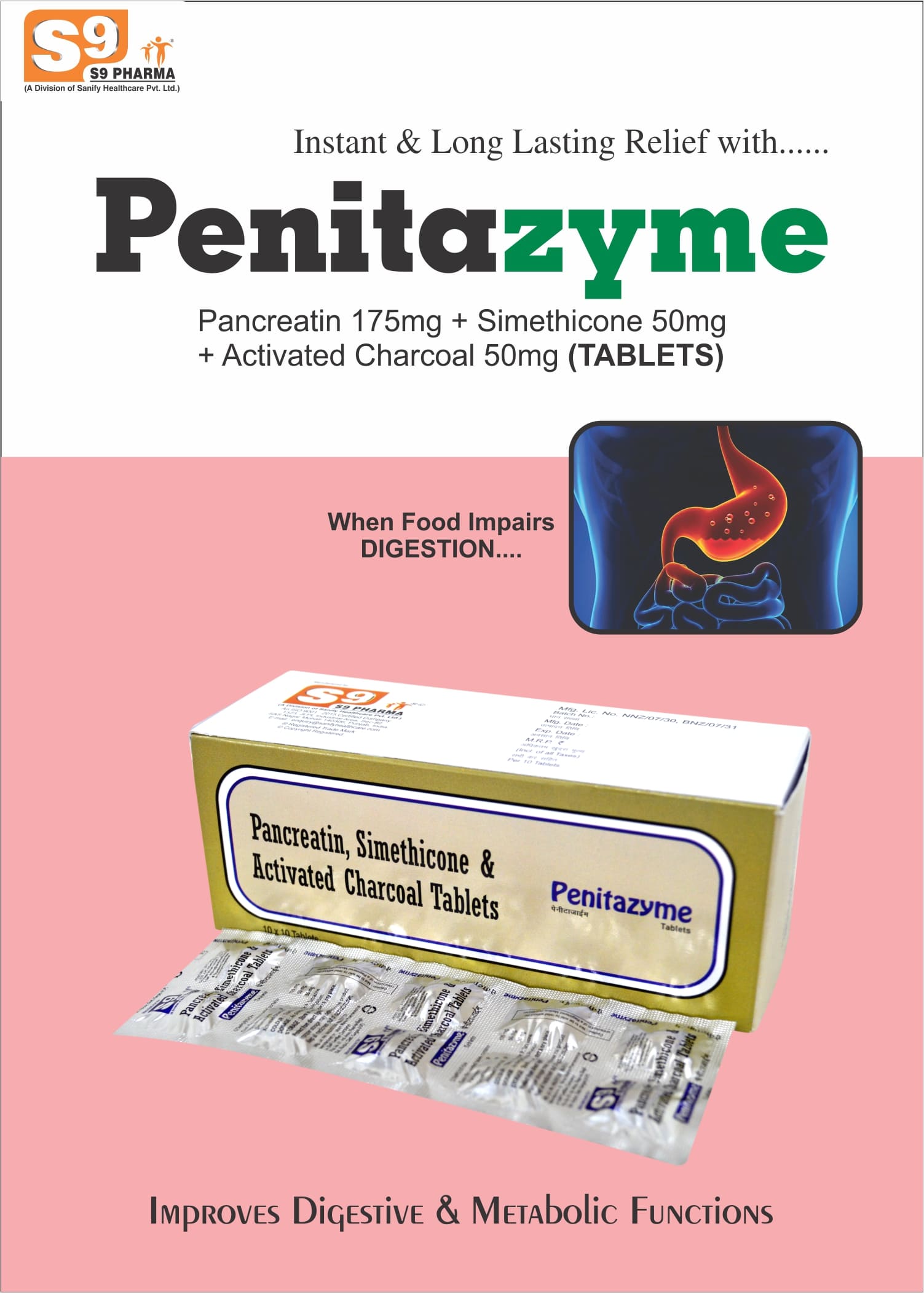 Pancreatin 175 mg. + Activated Simethicone 50 mg.+Charcoal 50 mg Tablets